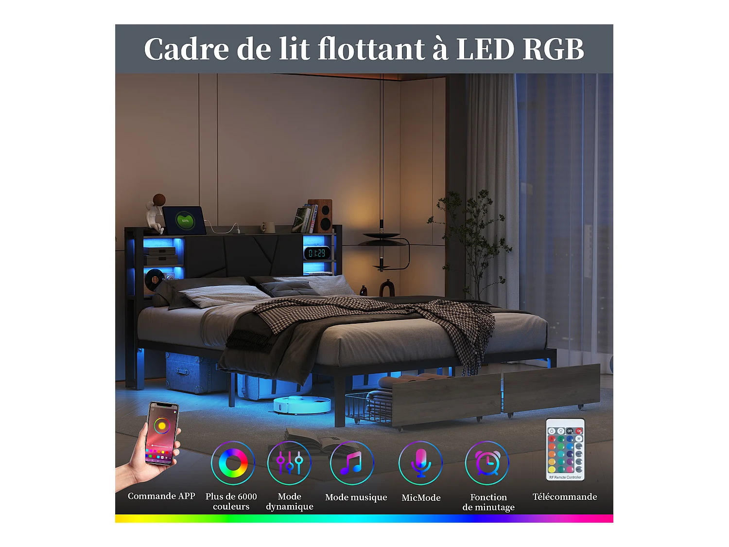 Lit en métal 140 x 200 cm avec LED et USB, lit Double avec sommier à Lattes et Rangement, PU, Noir