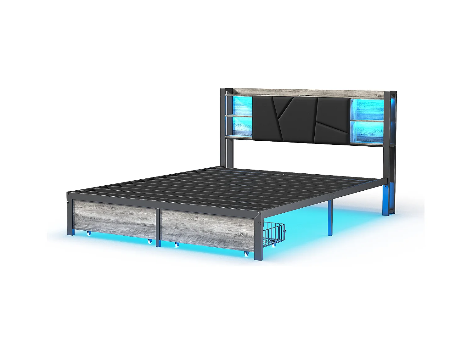Lit en métal 140 x 200 cm avec LED et USB, lit Double avec sommier à Lattes et Rangement, PU, Noir