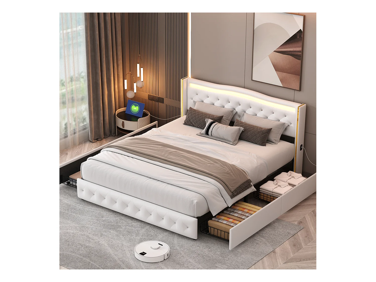 Cama 160x200 cm com base LED e USB, Cama de casal estofada com cabeceira e 4 gavetas, PU, Branco