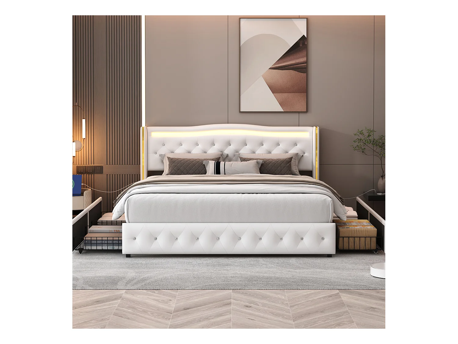 Cama 160x200 cm com base LED e USB, Cama de casal estofada com cabeceira e 4 gavetas, PU, Branco