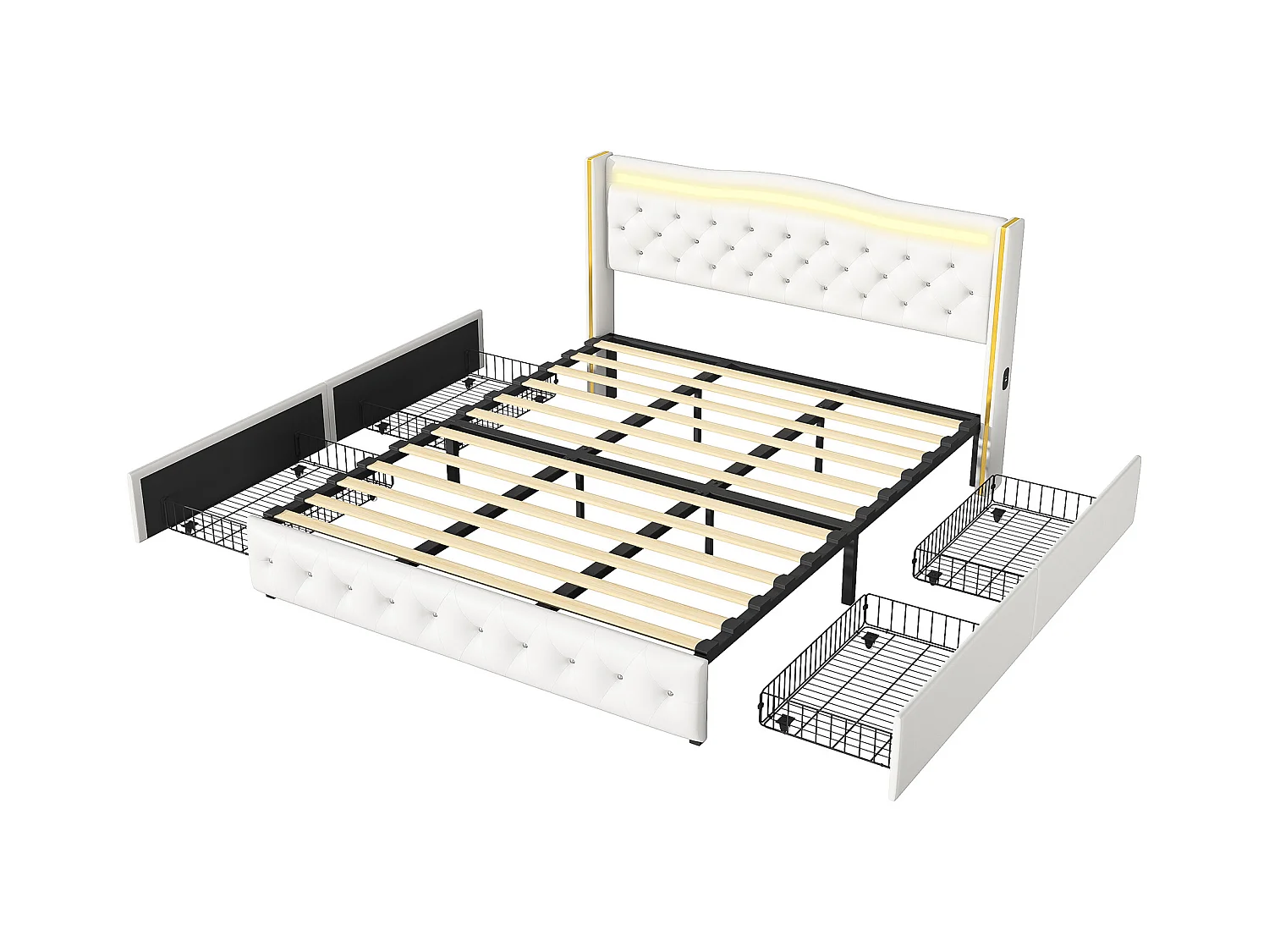 Cama 160x200 cm com base LED e USB, Cama de casal estofada com cabeceira e 4 gavetas, PU, Branco