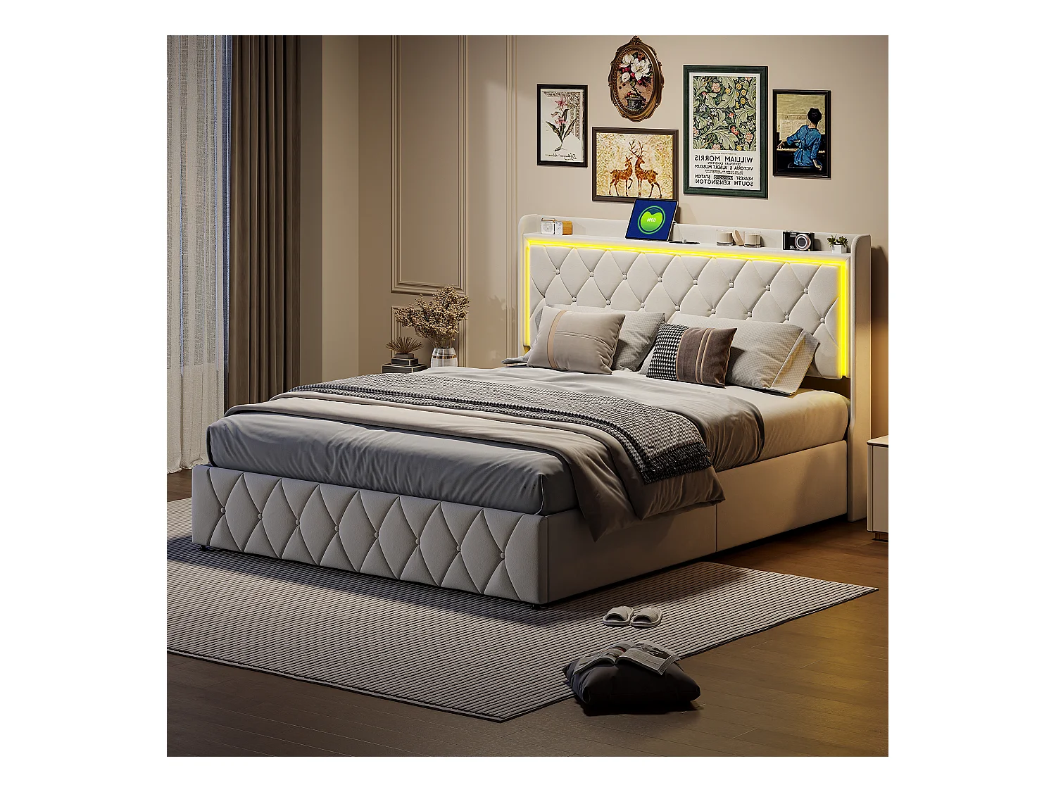 Cama canapé 160x200 cm con somier de láminas, cabecero con puerto USB Tipo C, LED, terciopelo, beige