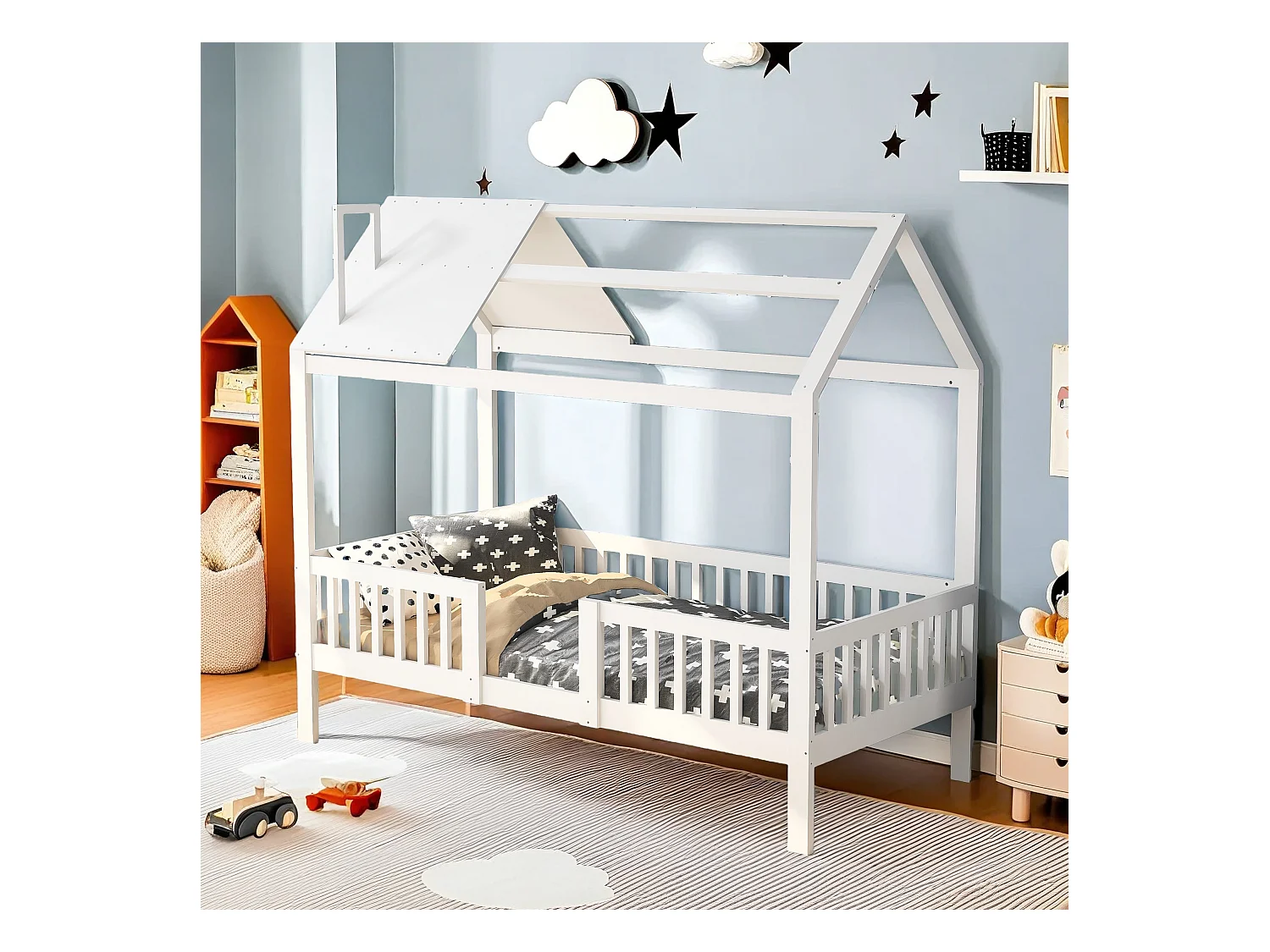 Kajuitbed 90 x 200 cm voor kinderen met veiligheidsrail, lattenbodem van massief grenenhout, wit