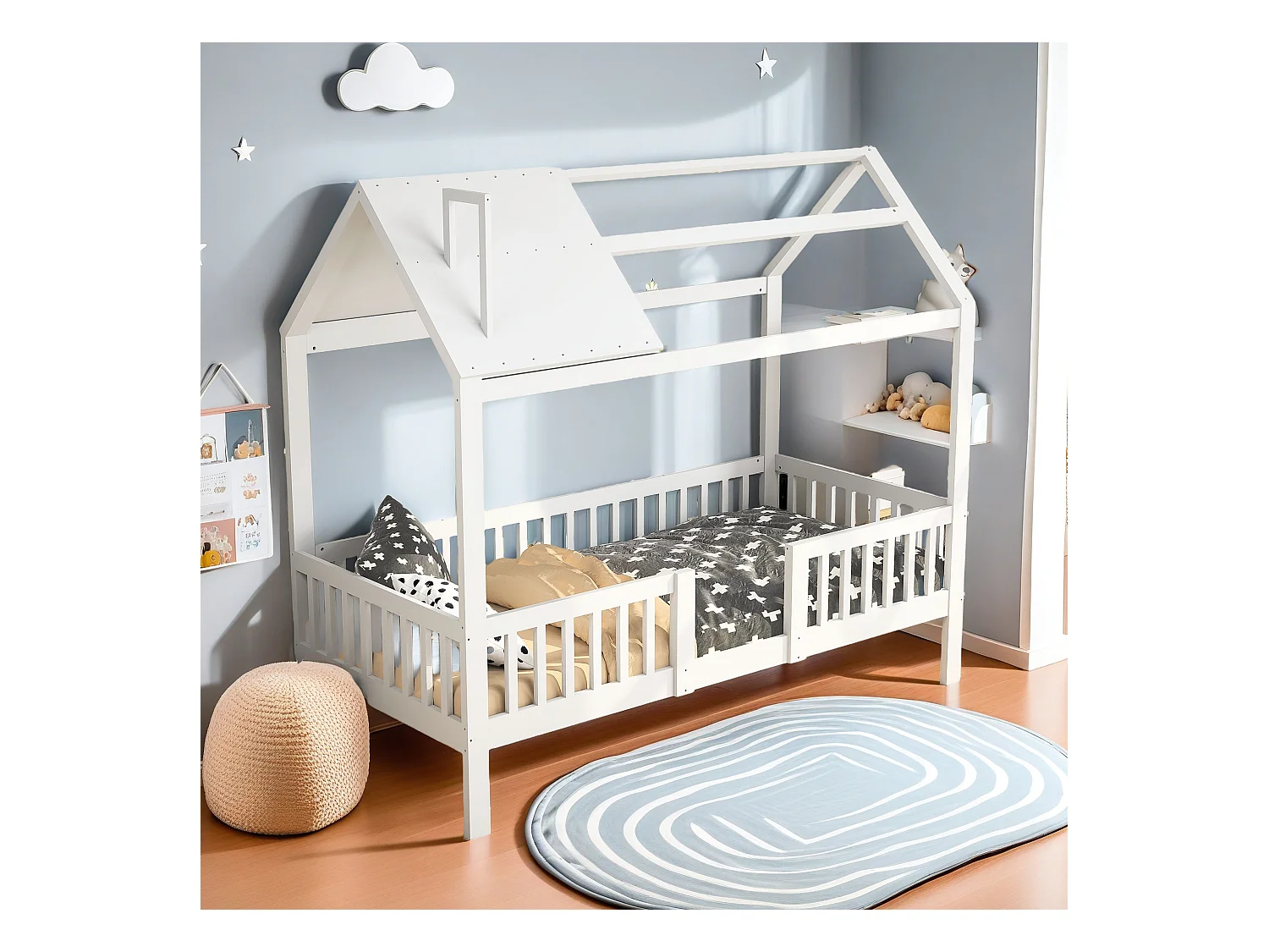 Kajuitbed 90 x 200 cm voor kinderen met veiligheidsrail, lattenbodem van massief grenenhout, wit