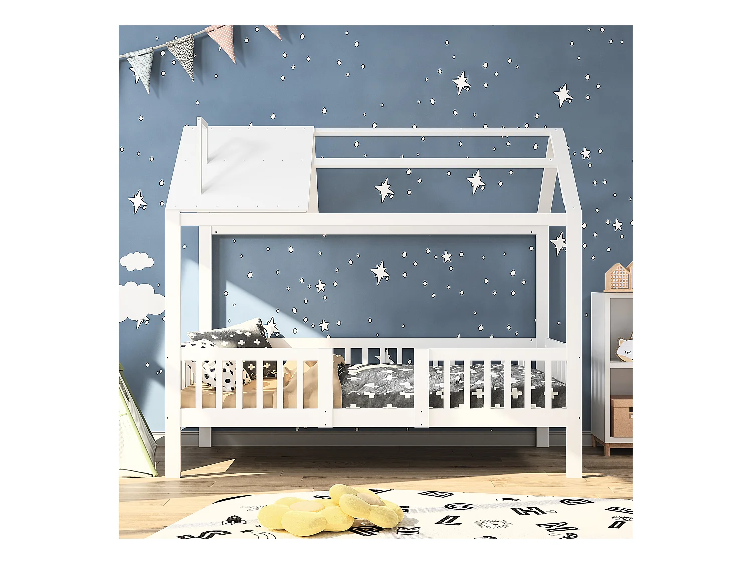 Kajuitbed 90 x 200 cm voor kinderen met veiligheidsrail, lattenbodem van massief grenenhout, wit