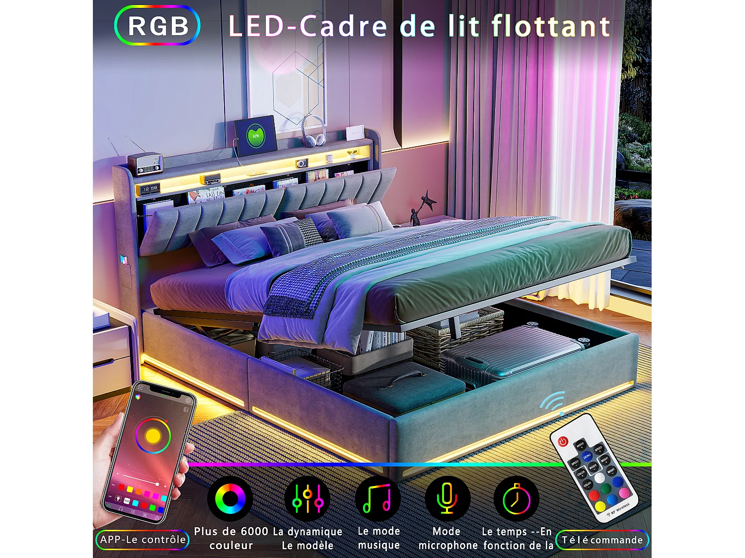 Lit Coffre 140 x 200 cm, Lit Double Rembourré avec LED et Charge USB, Sommier à Lattes, Velours,Gris