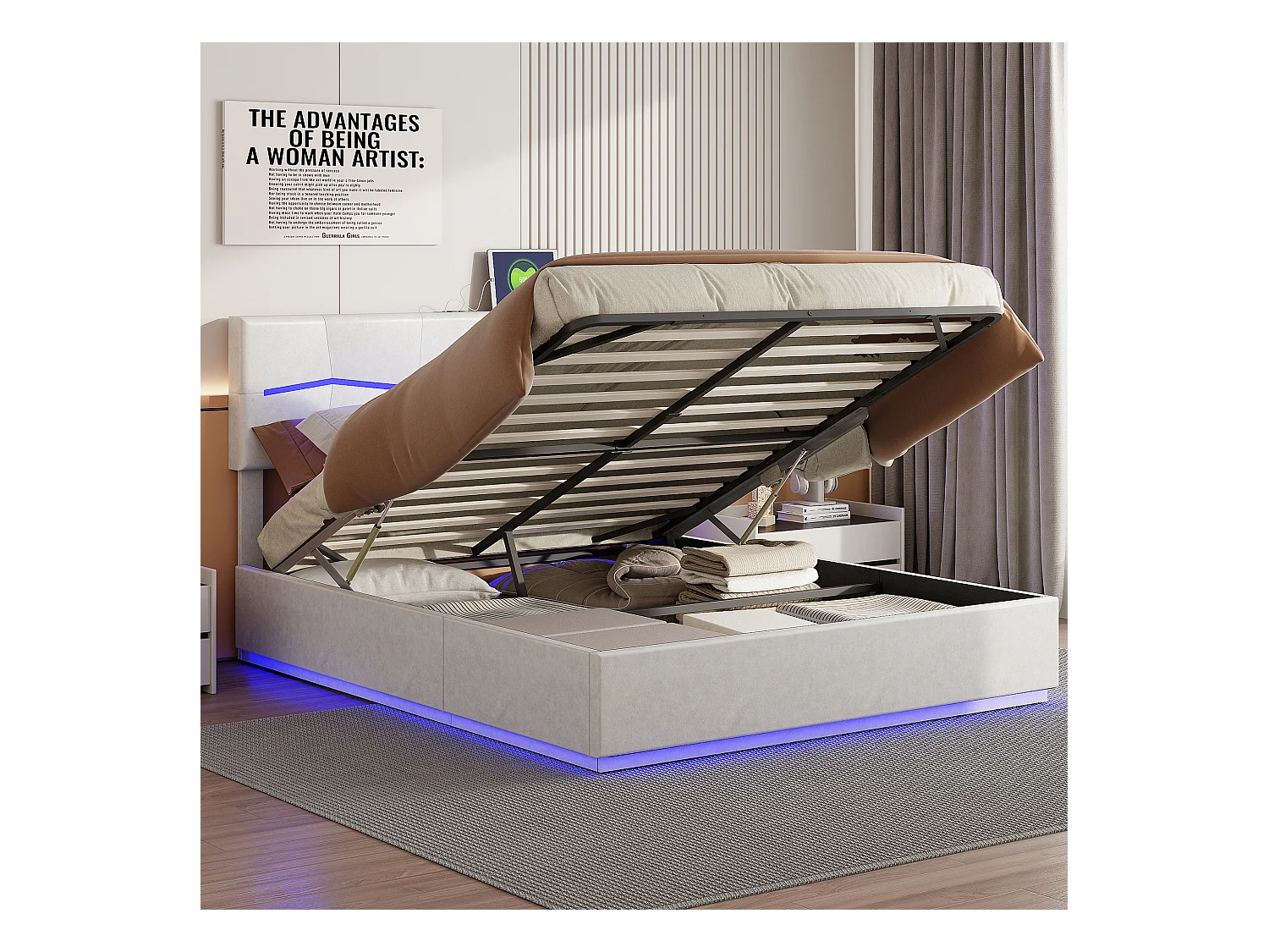Lit Coffre 160x200 cm,Tête Rembourrée avec LED et USB, Grand Rangement sous Le Lit, Tissu PU,Beige