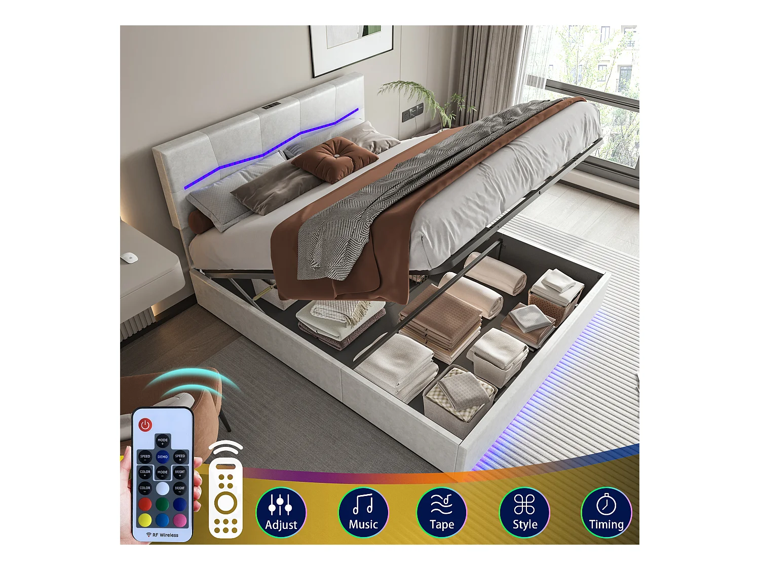 Lit Coffre 160x200 cm,Tête Rembourrée avec LED et USB, Grand Rangement sous Le Lit, Tissu PU,Beige