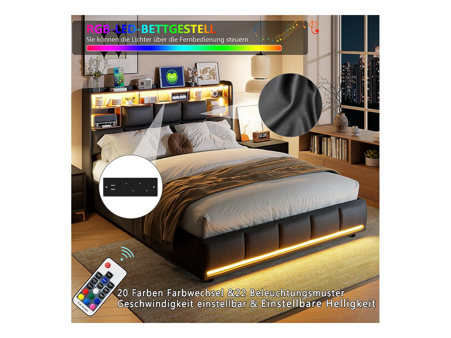 Cama com arrumação 140x200 cm com base, LED e USB e base de ripas, função de carregamento, PU, preta