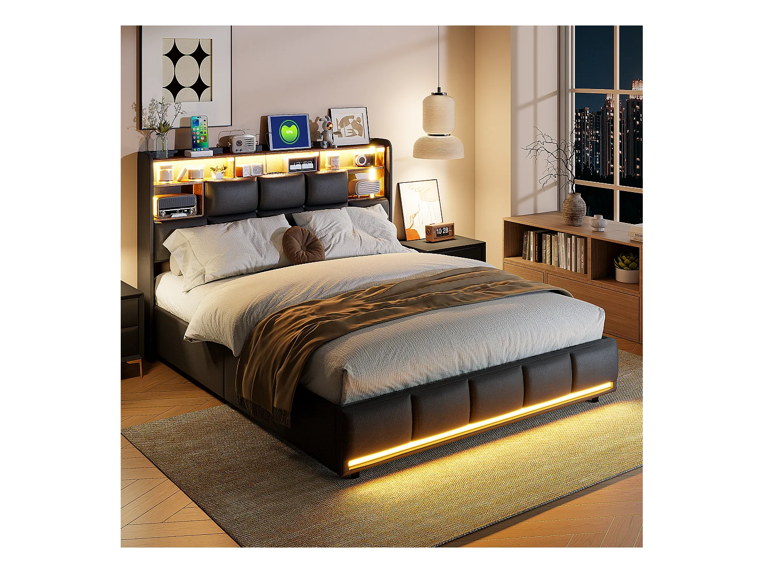 Cama com arrumação 140x200 cm com base, LED e USB e base de ripas, função de carregamento, PU, preta