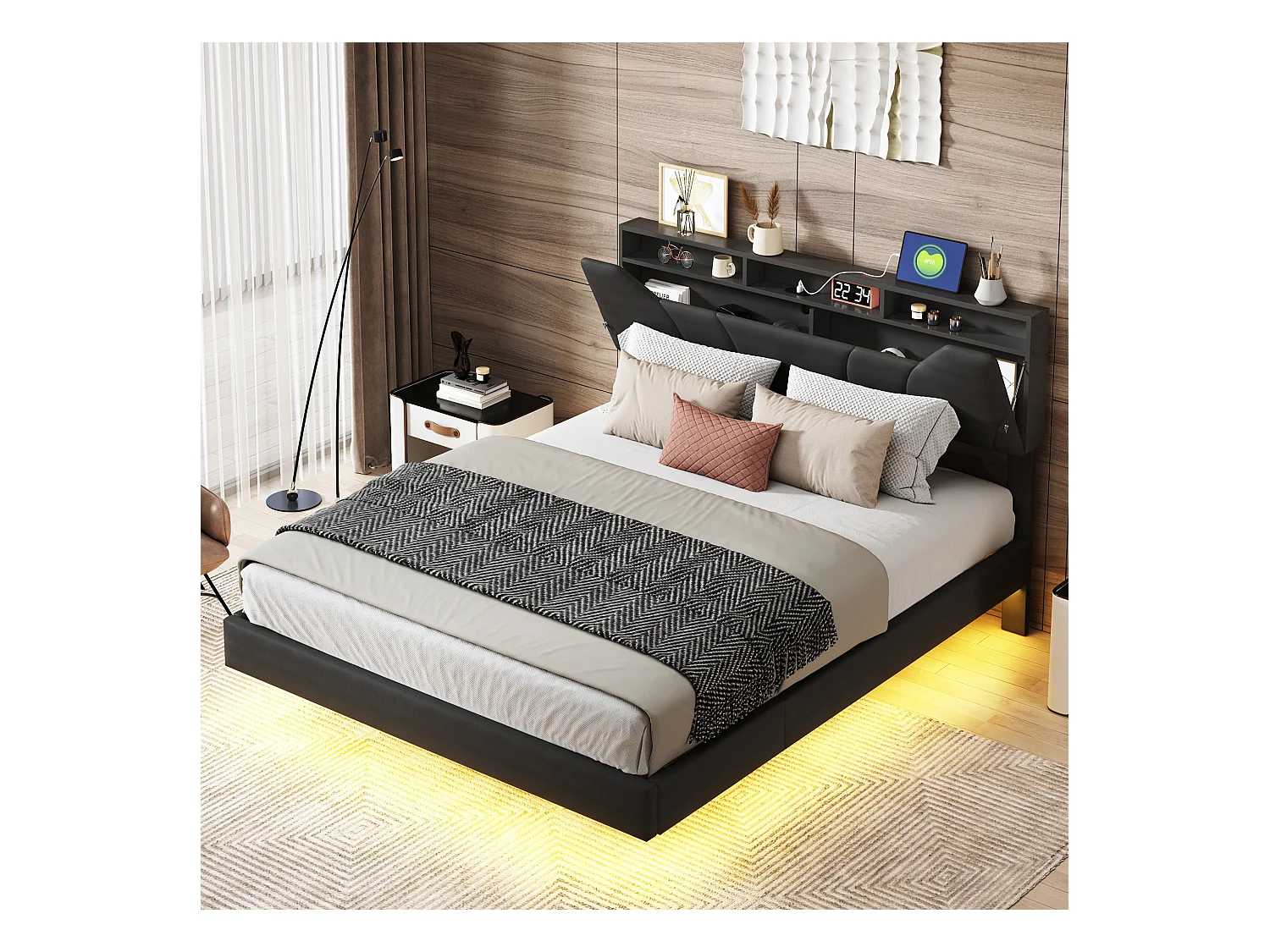 Cama canapé tapizada 160x200cm con somier de láminas, estructura de cama flotante con luz LED, color negro