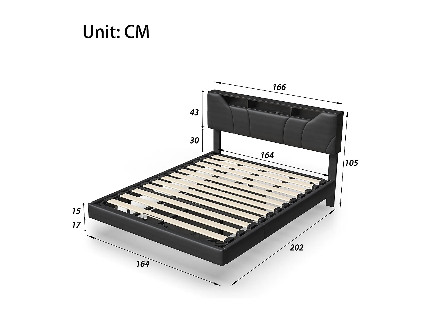 Gestoffeerd opbergbed 160x200cm met lattenbodem, zwevend bedframe met LED-verlichting, zwart