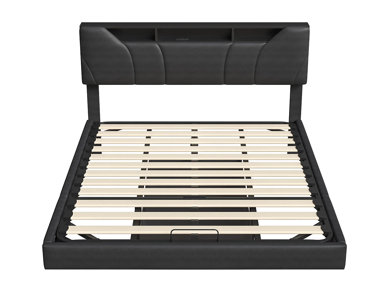 Cama estofada com arrumação, 160x200cm, com base de ripas, estrutura de cama suspensa com luz LED, preta.