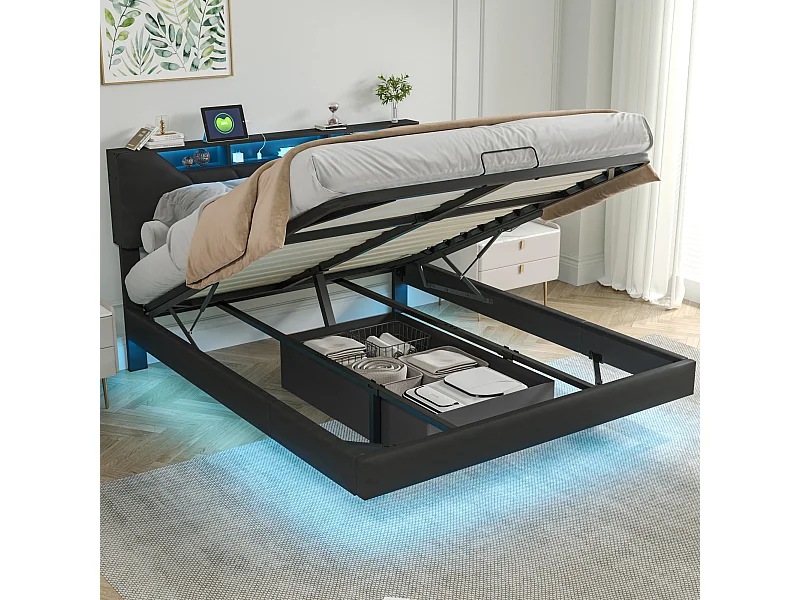 Letto contenitore imbottito 160x200cm con rete a doghe, giroletto sospeso con luce LED, nero