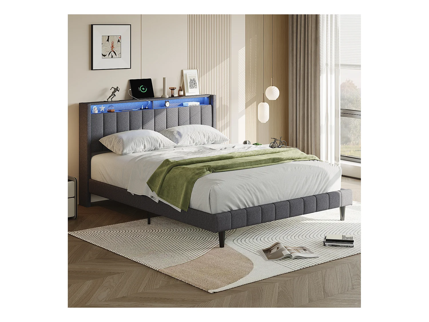 Cama com arrumação 160x200 cm, cama de casal com arrumação, com LED, função de carregamento, linho, cinzento