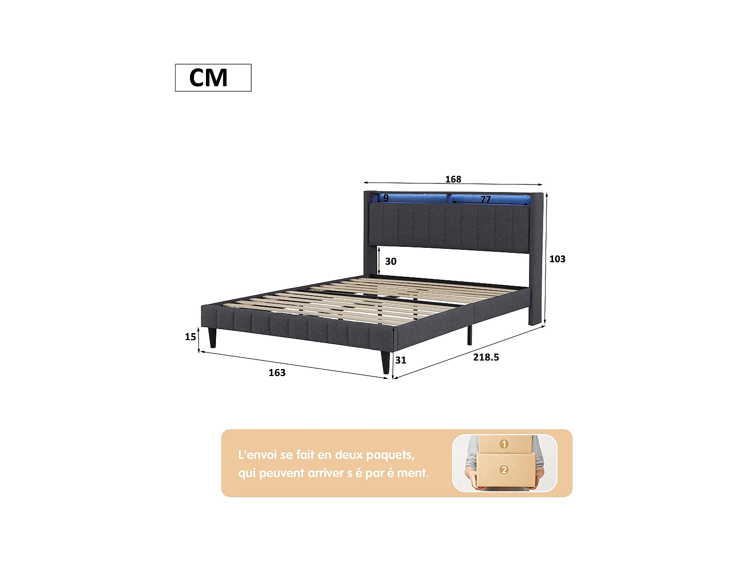 Cama com arrumação 160x200 cm, cama de casal com arrumação, com LED, função de carregamento, linho, cinzento