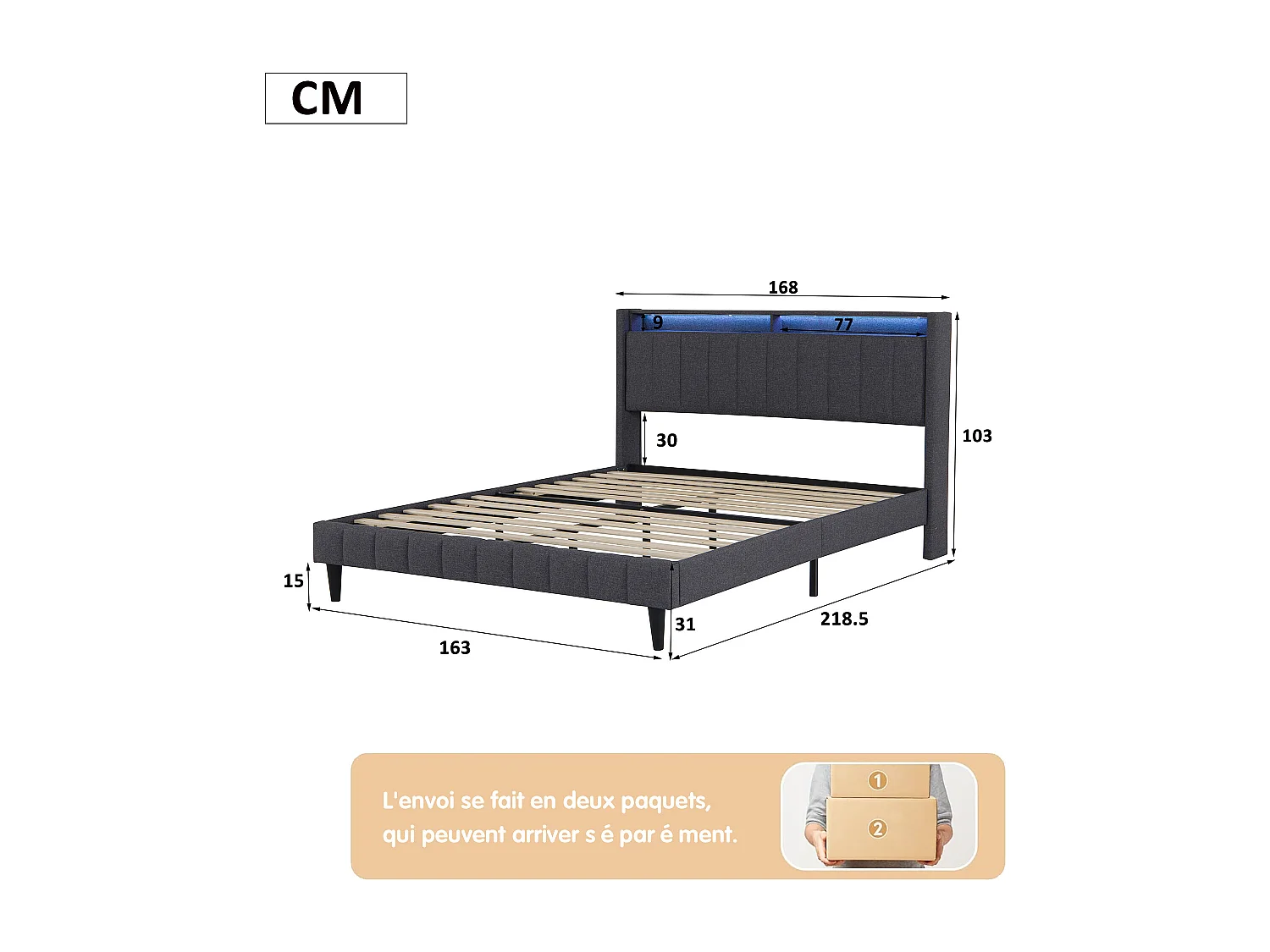 Opbergbed 160x200 cm, tweepersoonsbed met opbergruimte, met led, oplaadfunctie, linnen, grijs