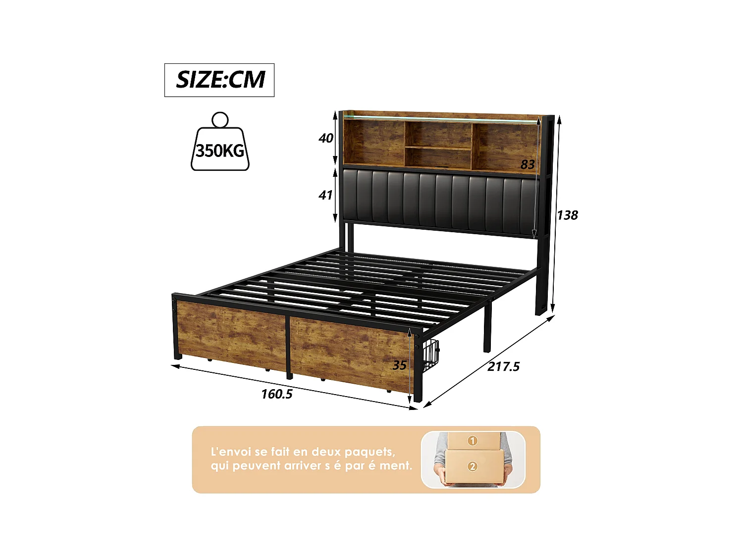 Tweepersoonsbed 160x200 cm, gestoffeerd bed met LED- en USB-aansluitingen, PU-hoofdbord met opbergruimte, zwart