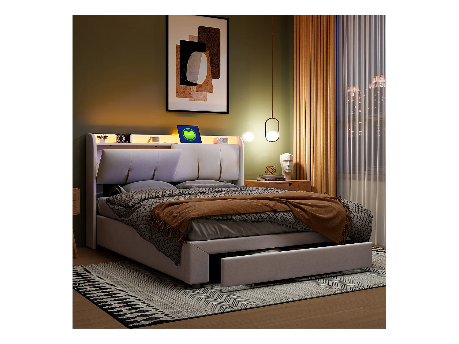 Cama Canapé 160x200 cm con LED y USB, Cama Matrimonial Tapizada con Cajones, Terciopelo, Beige