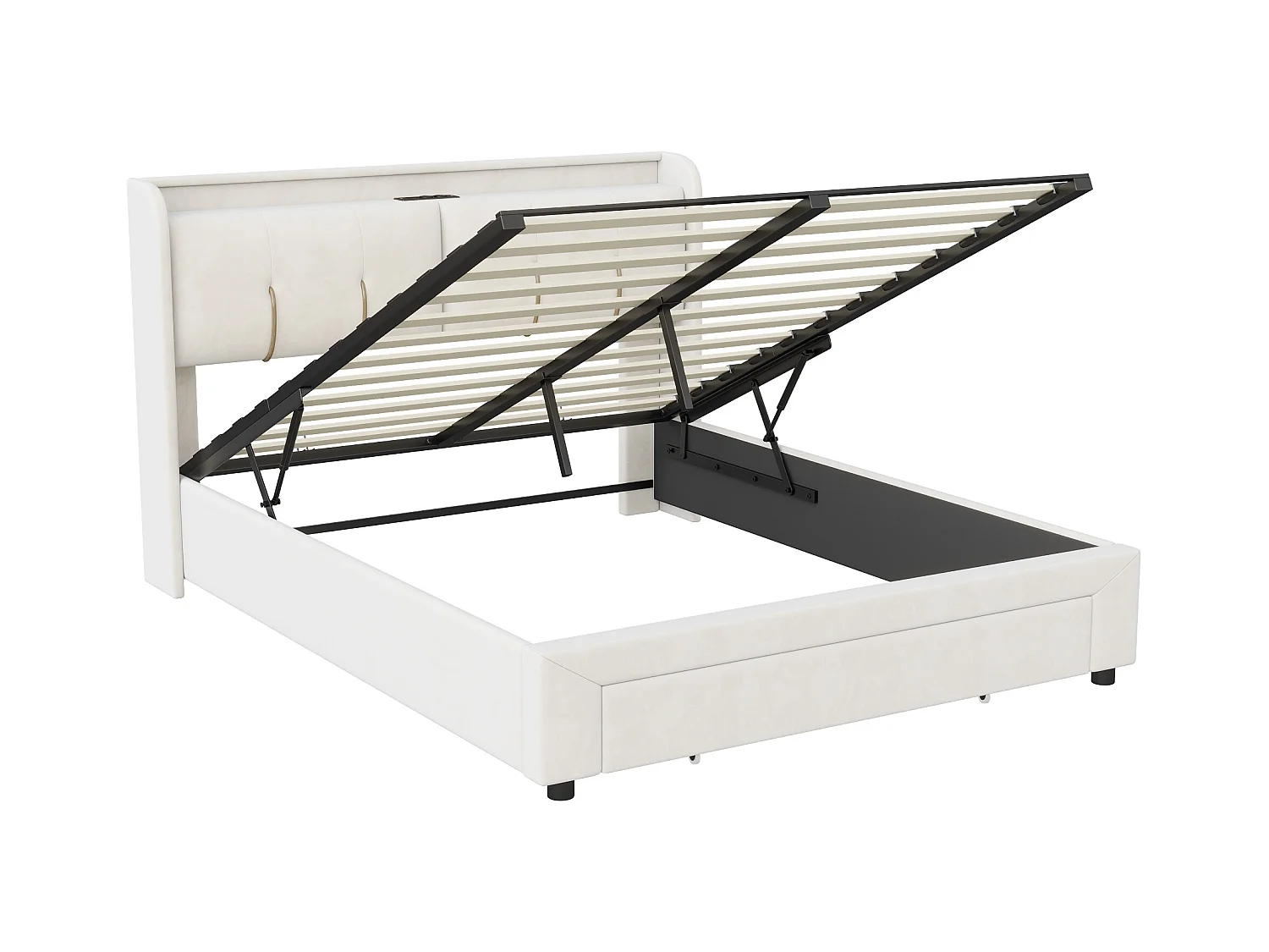 Cama Canapé 160x200 cm con LED y USB, Cama Matrimonial Tapizada con Cajones, Terciopelo, Beige