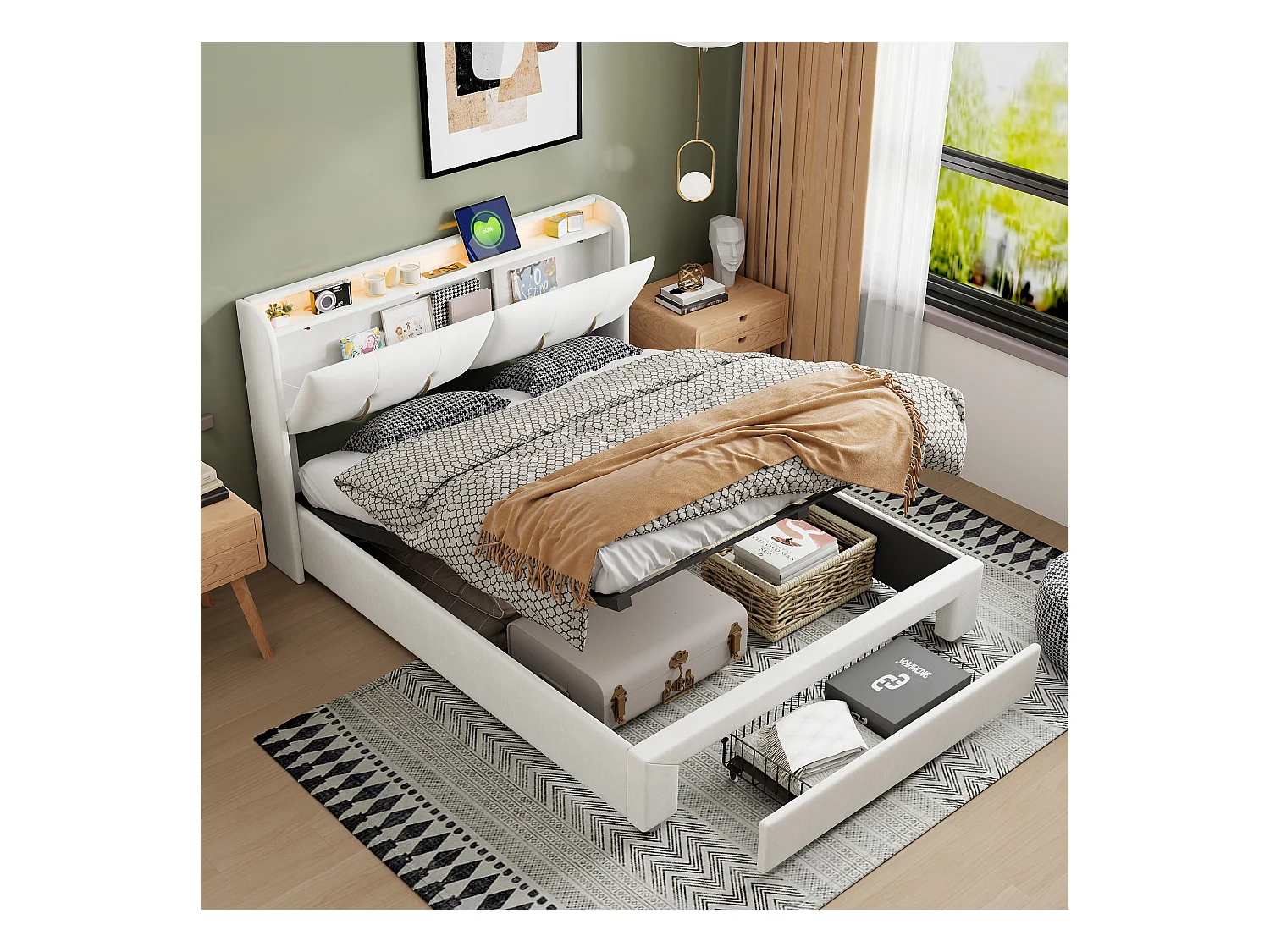 Lit Coffre 160x200 cm avec LED et USB, Lit Double Rembourré avec Tiroirs, Velours, Beige