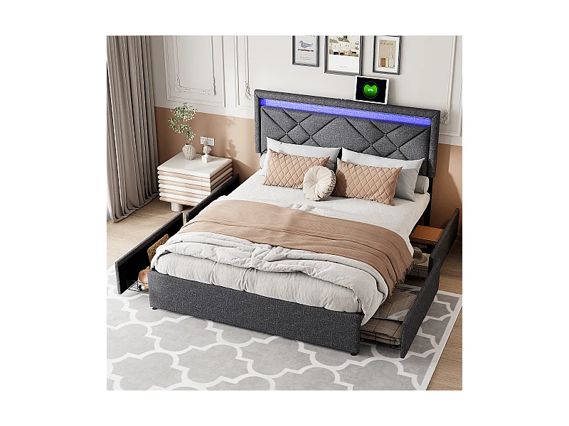 Cama doble 160x200, Canapé con LED y USB, Cabecero tapizado ajustable, Lino, Gris