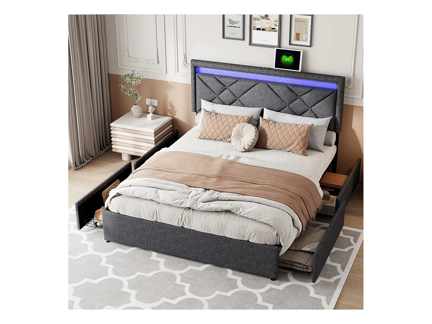 Cama doble 160x200, Canapé con LED y USB, Cabecero tapizado ajustable, Lino, Gris