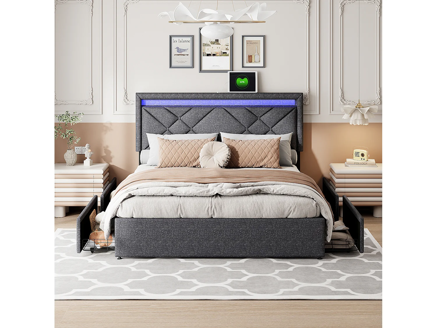 Letto matrimoniale 160*200 cm, comodino con LED, 4 cassetti in ferro, biancheria, grigio scuro