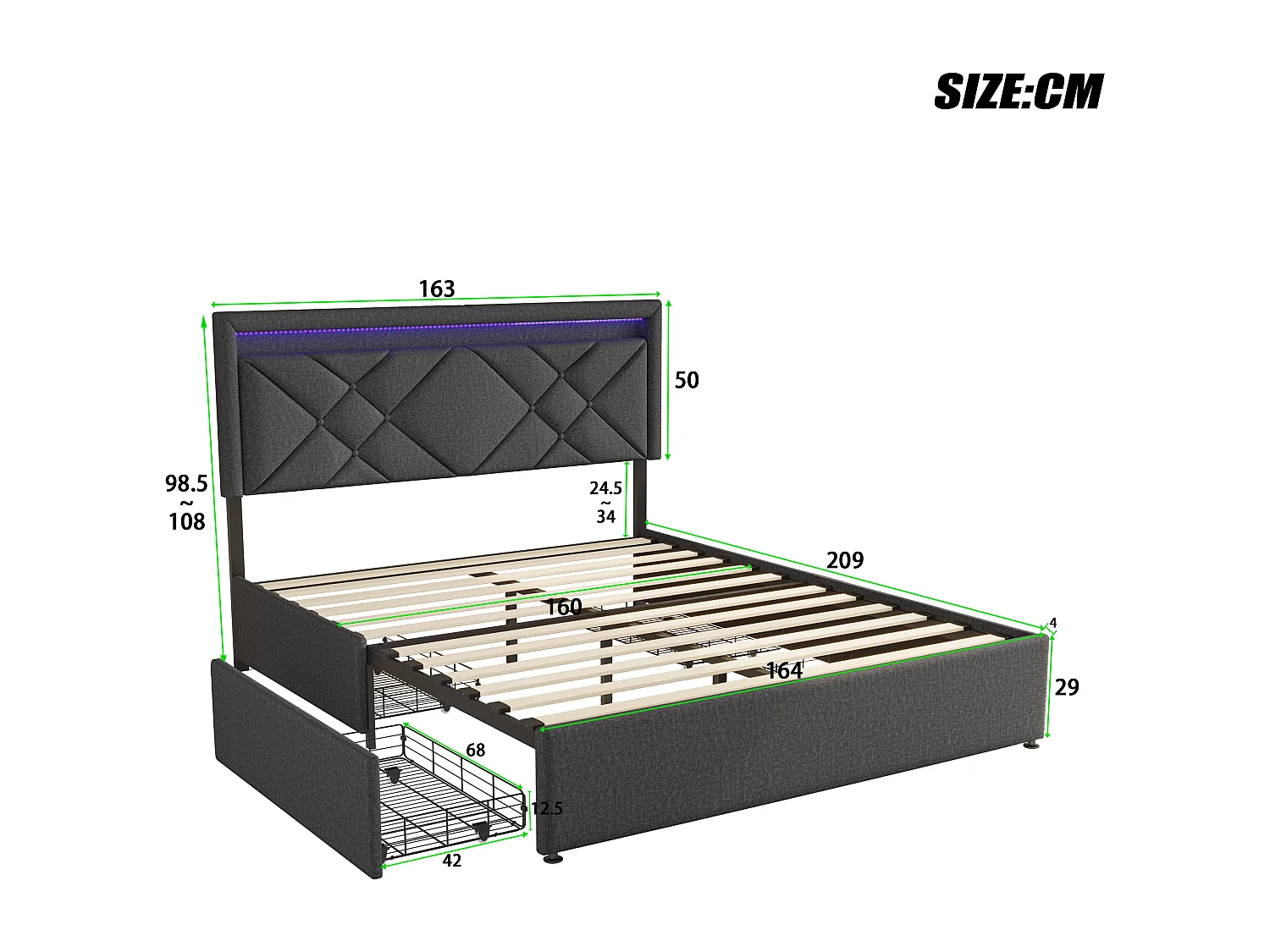 Letto matrimoniale 160*200 cm, comodino con LED, 4 cassetti in ferro, biancheria, grigio scuro