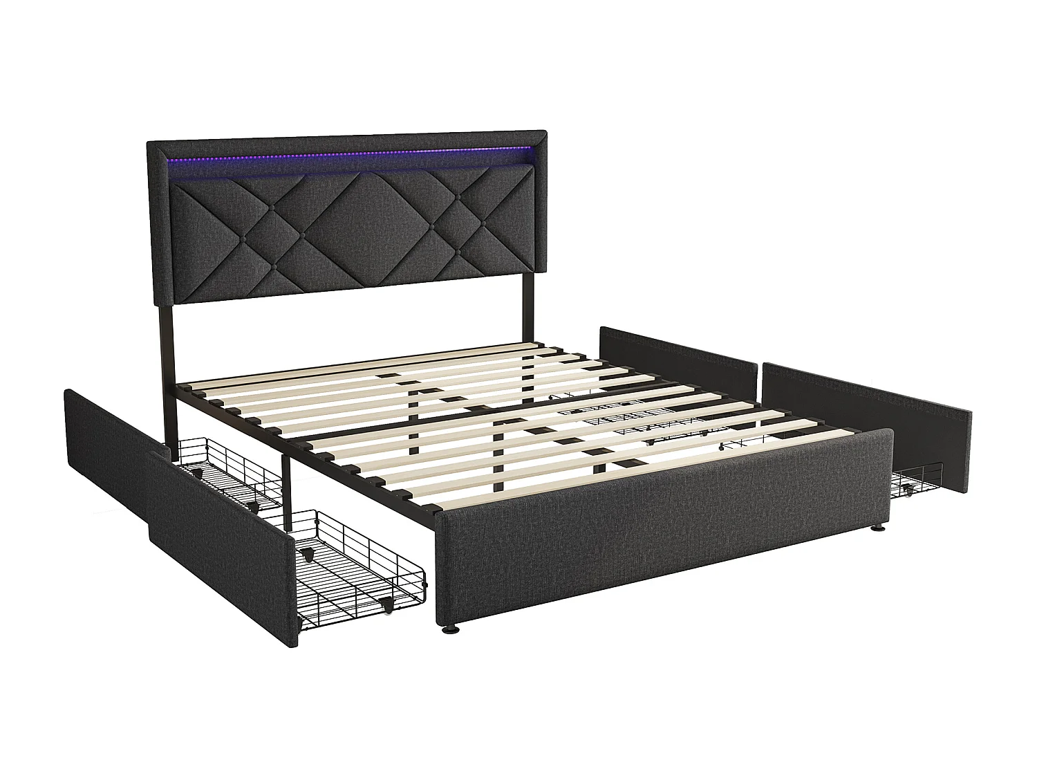 Letto matrimoniale 160*200 cm, comodino con LED, 4 cassetti in ferro, biancheria, grigio scuro