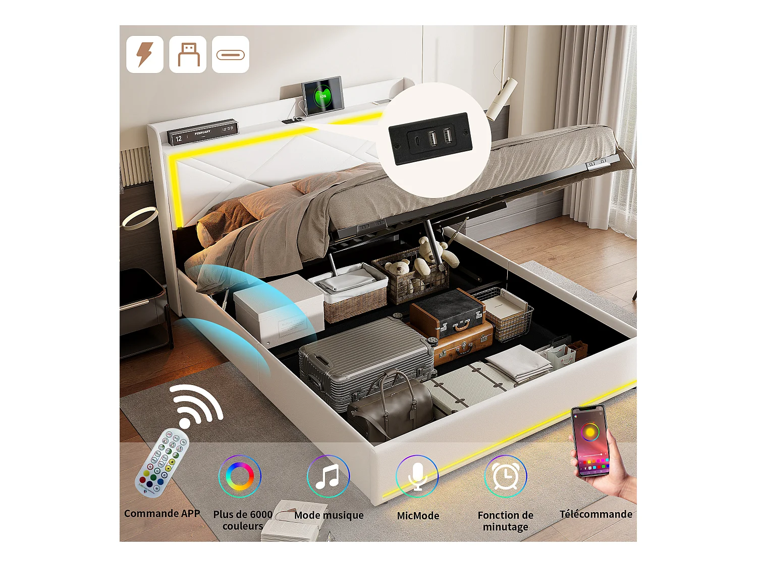 Opbergbed 140x200 cm met USB en Type-C, LED, gestoffeerd bed met opbergruimte, tweepersoonsbed, PU, wit