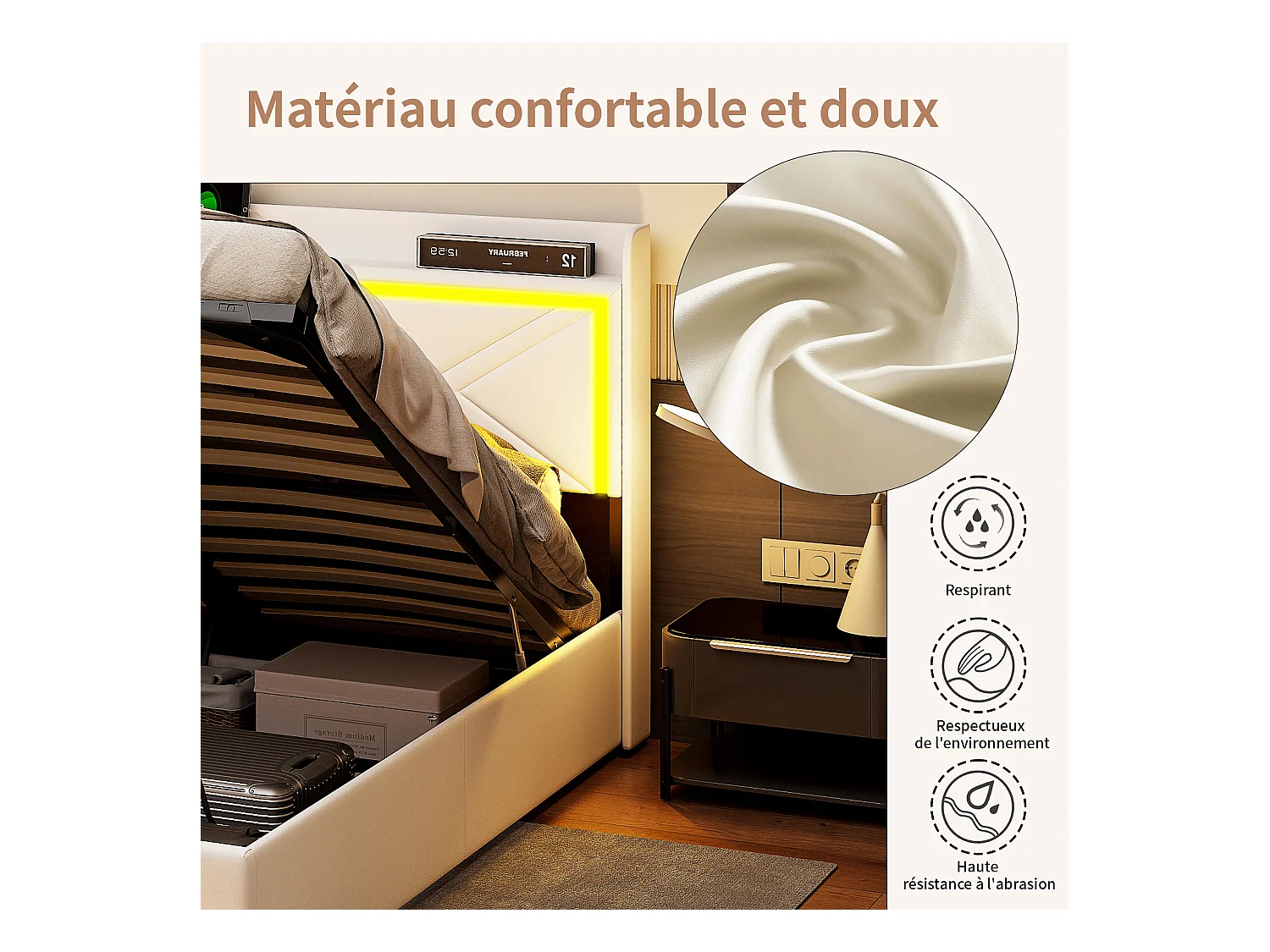 Opbergbed 140x200 cm met USB en Type-C, LED, gestoffeerd bed met opbergruimte, tweepersoonsbed, PU, wit