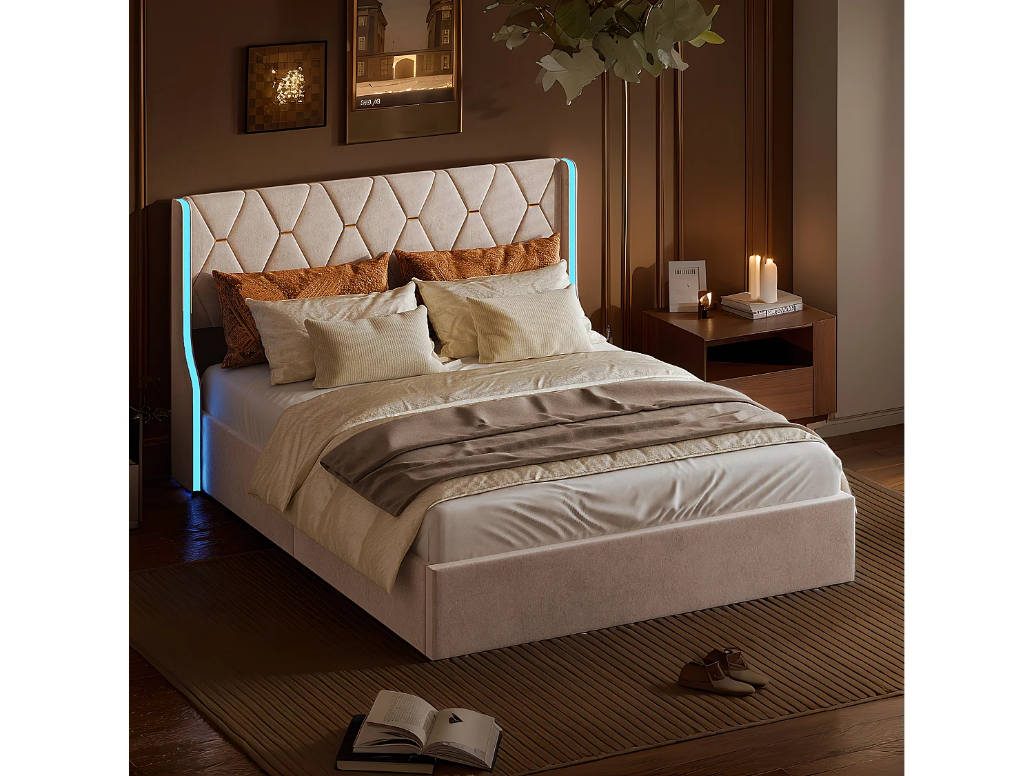 Lit Rembourré 140x200 avec LED et Rangement, Lits capitonné avec Sommier à Lattes, Velours,Beige