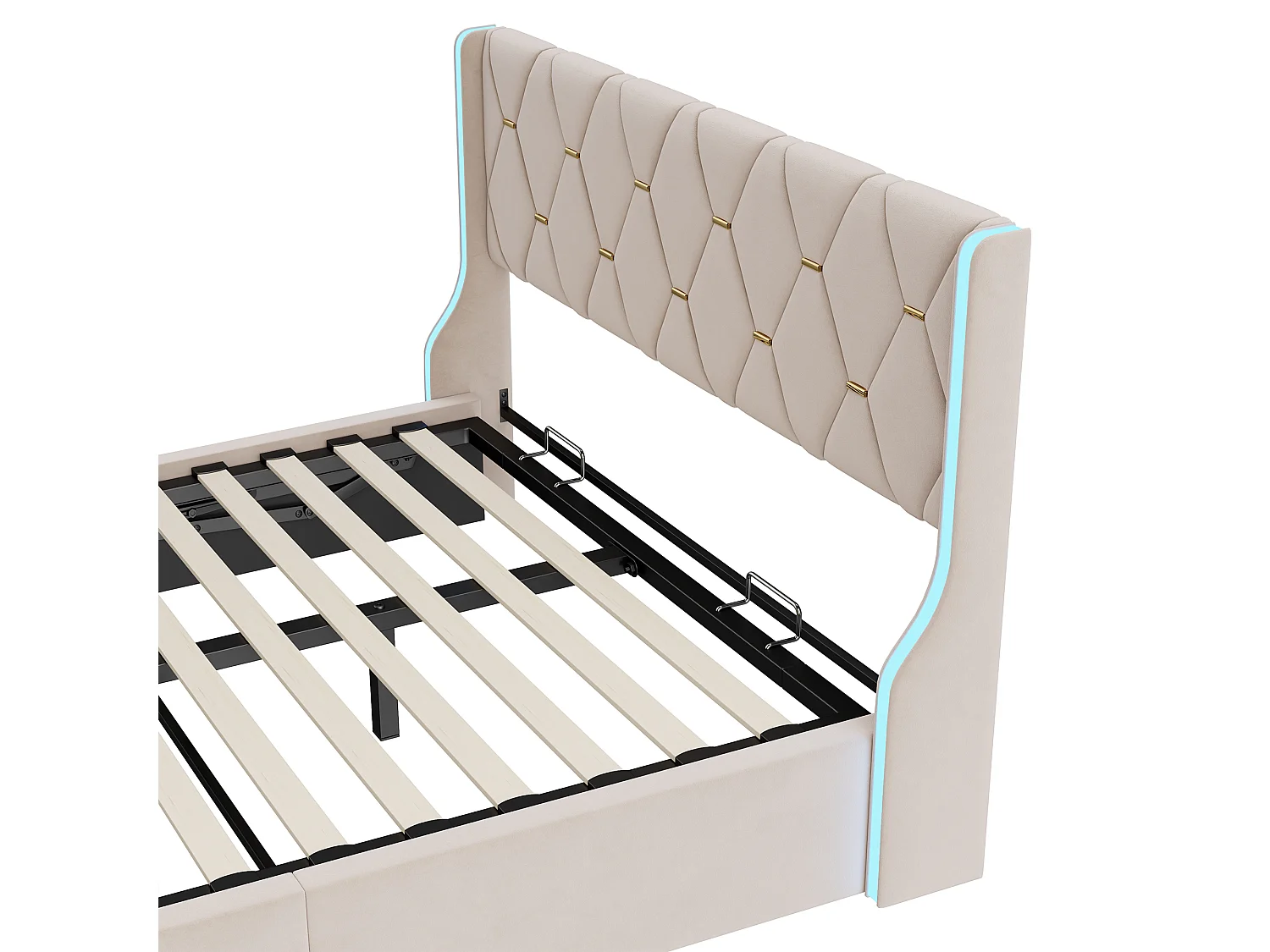 Lit Rembourré 140x200 avec LED et Rangement, Lits capitonné avec Sommier à Lattes, Velours,Beige