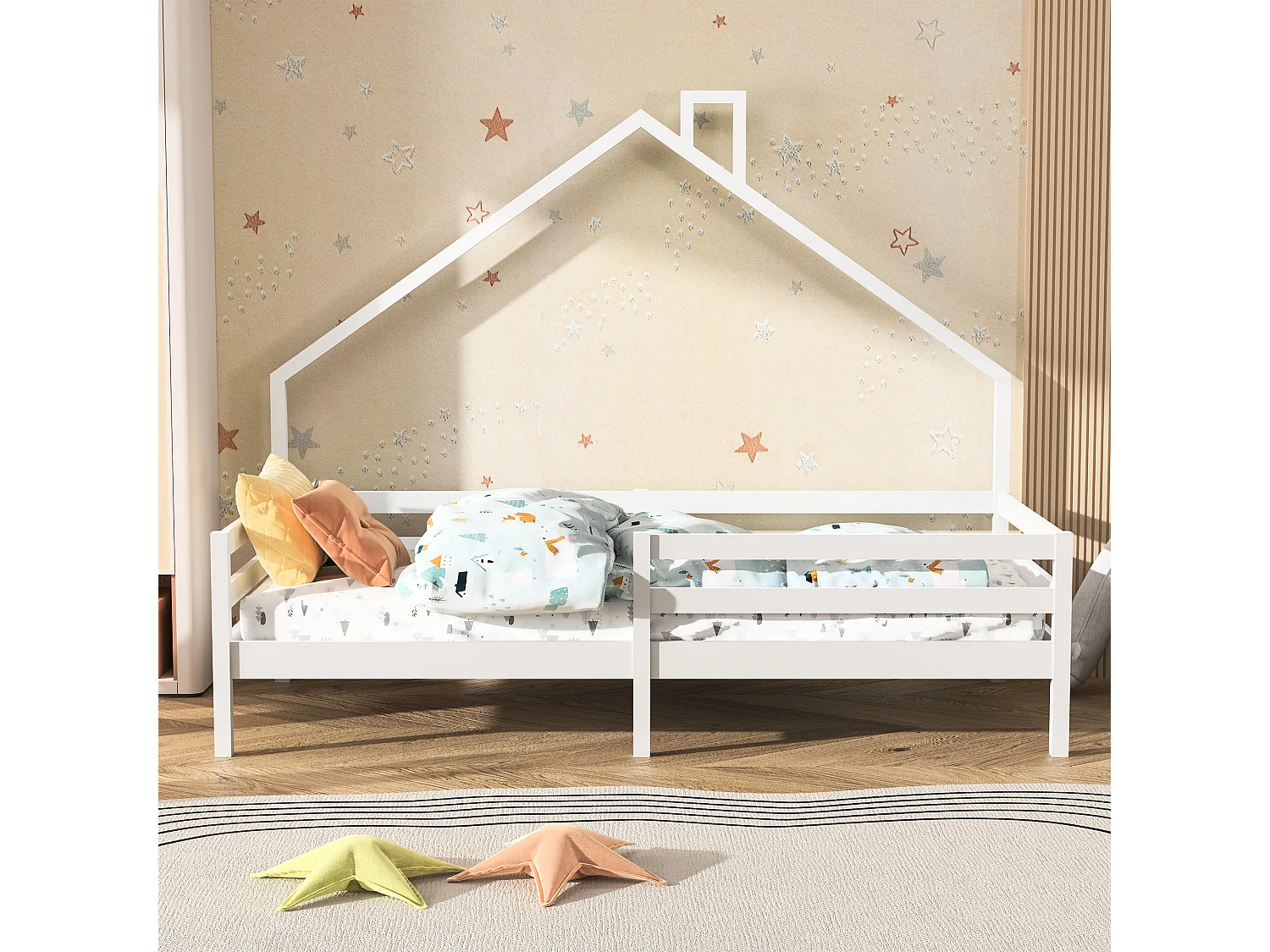 Letto a terra 90 x 200 cm, con protezione anticaduta, rete a doghe, letto singolo in pino massiccio, Bianco