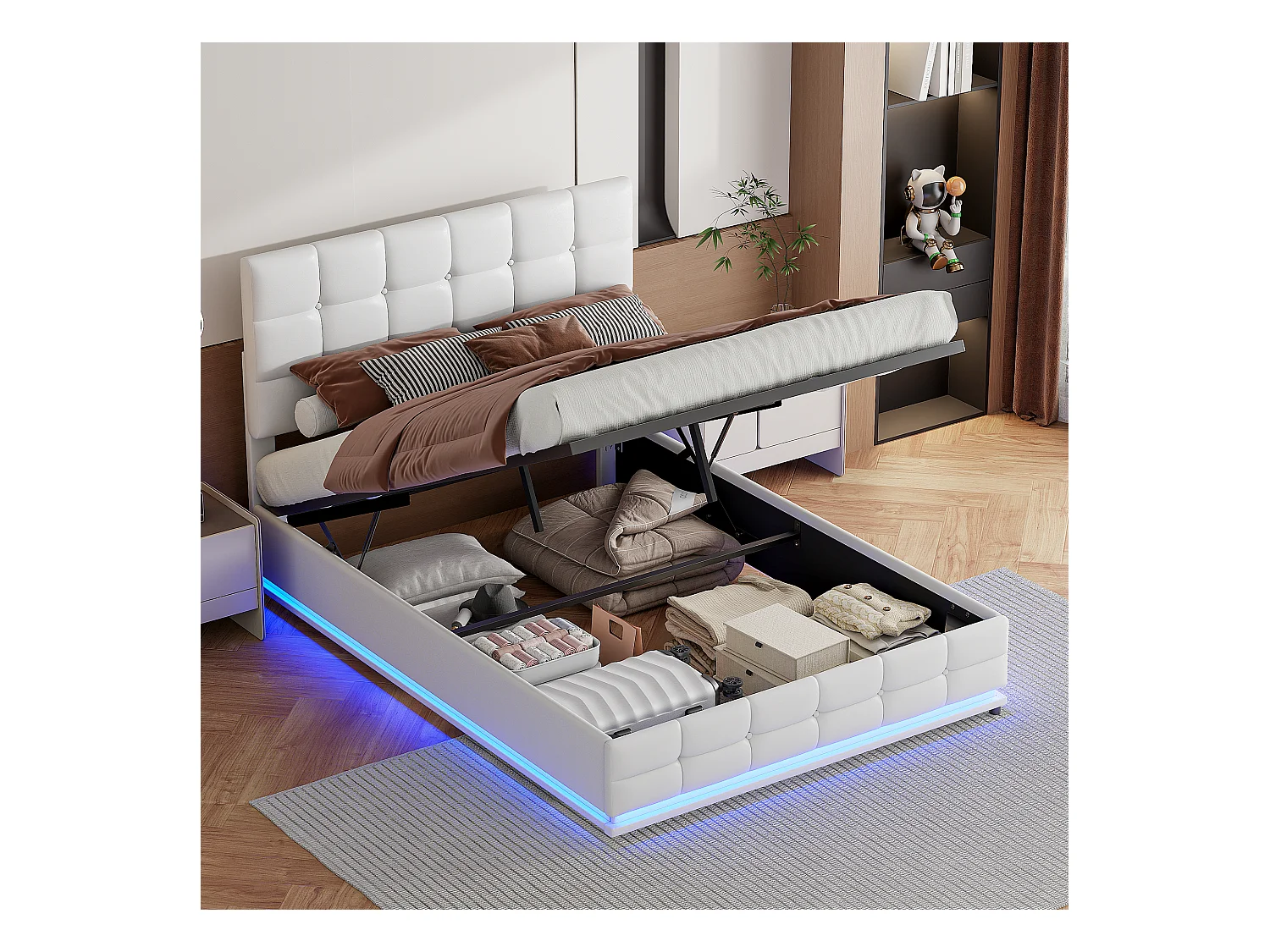 Letto imbottito in PU 140x200 cm con LED e letto sollevabile, rete a doghe, letto matrimoniale, PU, bianco