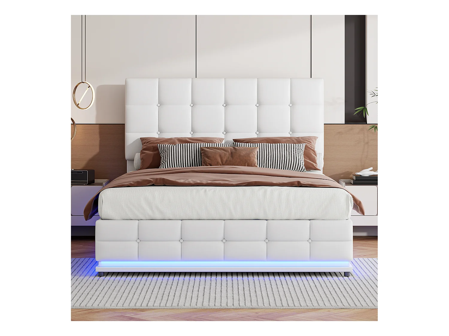 Letto imbottito in PU 140x200 cm con LED e letto sollevabile, rete a doghe, letto matrimoniale, PU, bianco