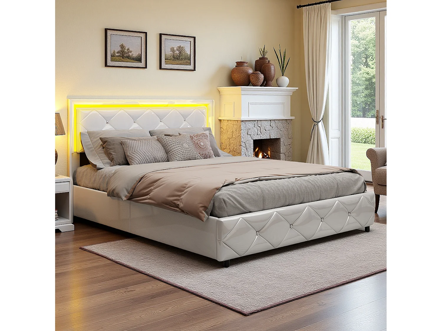 Lit Coffre 140x200 cm, Lit capitonné avec Rangement, Tête de lit avec Port USB de Type C, Lumière LED, lit Double avec sommier à Lattes, PU, Blanc