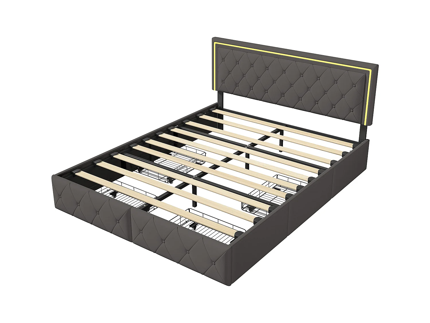 Cama tapizada LED 140x200 cm, con 2 cajones y somier de láminas, cabecero regulable, PU, Gris