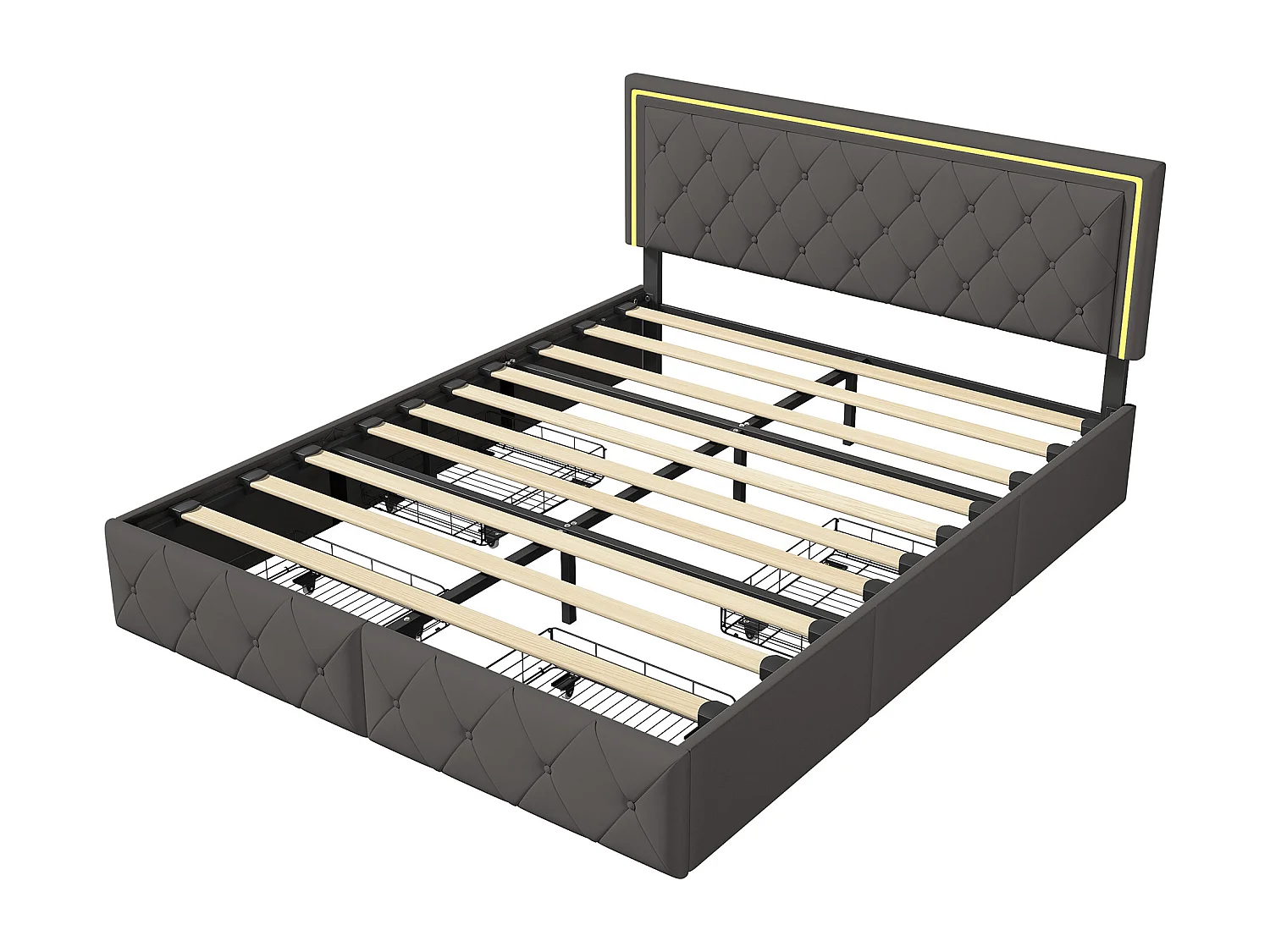 LED gestoffeerd bed 140 x 200 cm, met 2 lades en lattenbodem, verstelbaar hoofdeinde, PU, Grijs