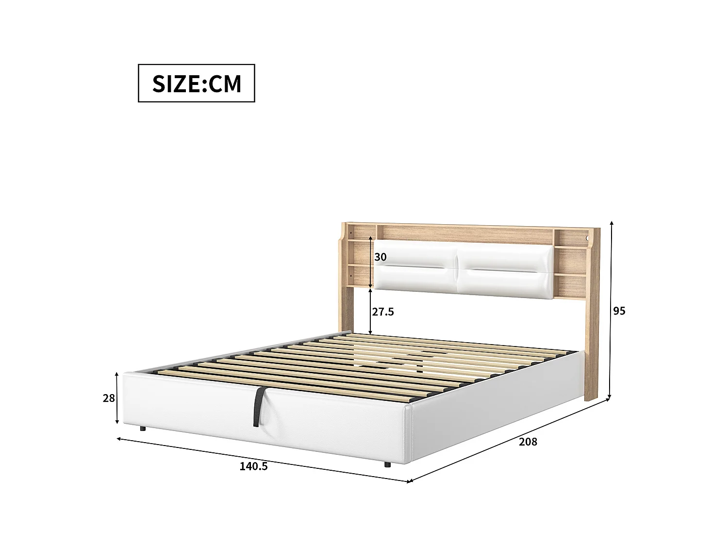 Lit rembourré, 140 x 200 cm, avec LED et chargement USB, lit double, espace de rangement, PU, blanc