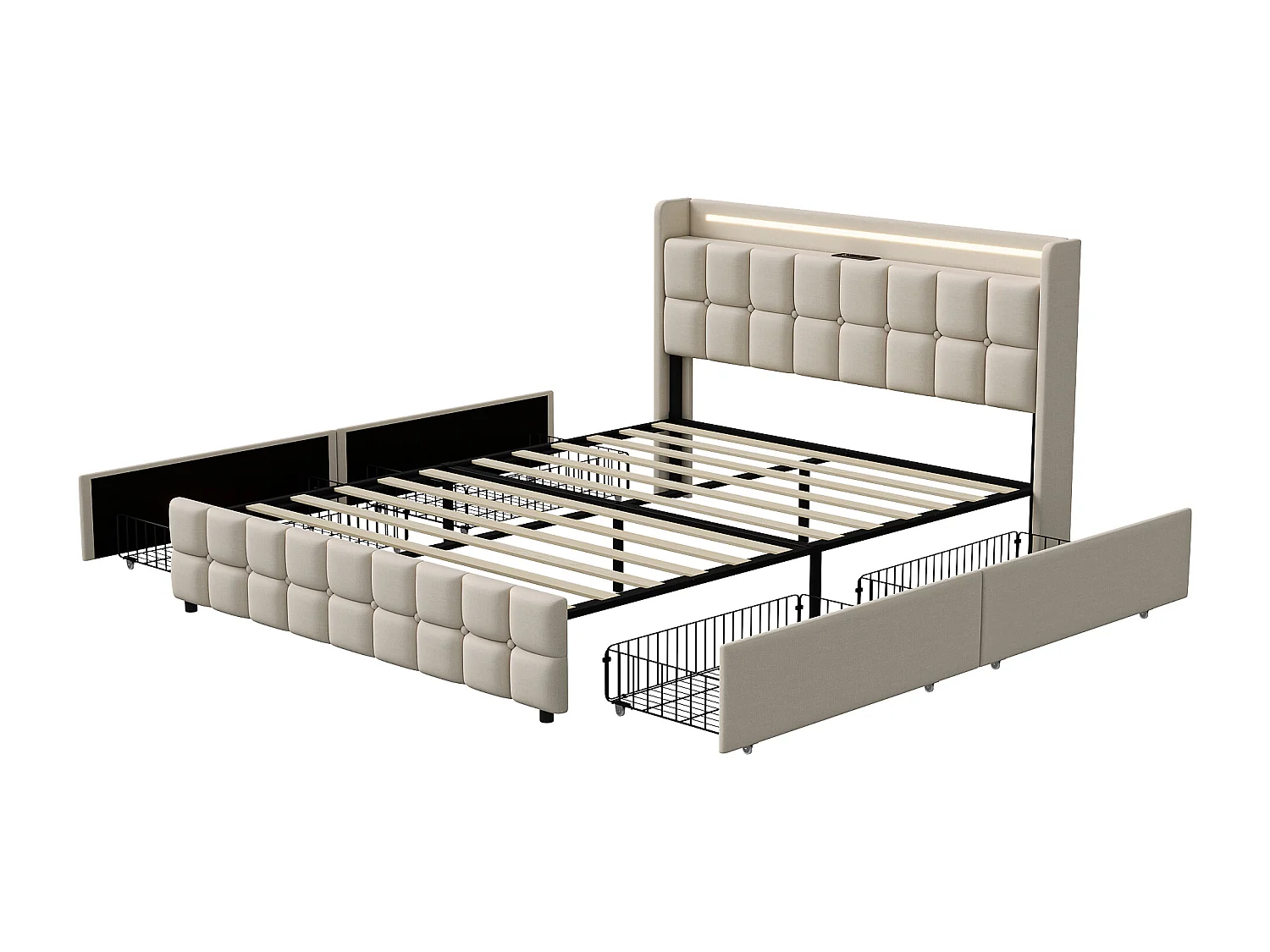 Volwassenenbed 180x200 cm, gestoffeerd tweepersoonsbed met 4 lades en ledverlichting, USB-poort en hoofdbord, linnen, beige