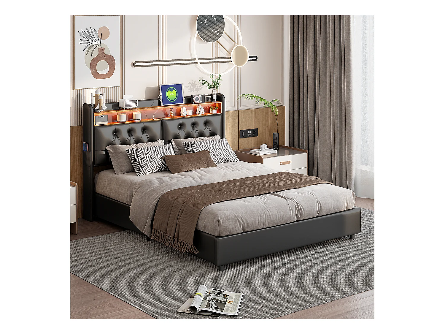 Cama de casal 180 x 200 cm, cama de casal com USB e LED, cama estofada com estrado de ripas, PU, Preto
