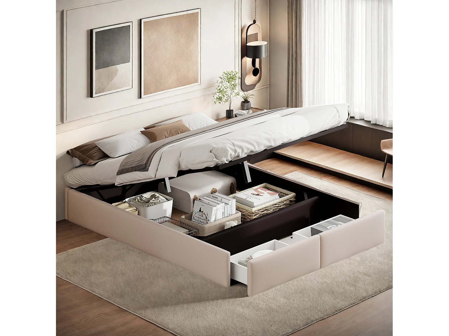 Lit plateforme 140 x 200 cm, lit double, avec stockage et 2 tiroirs, avec sommier à lattes,  beige