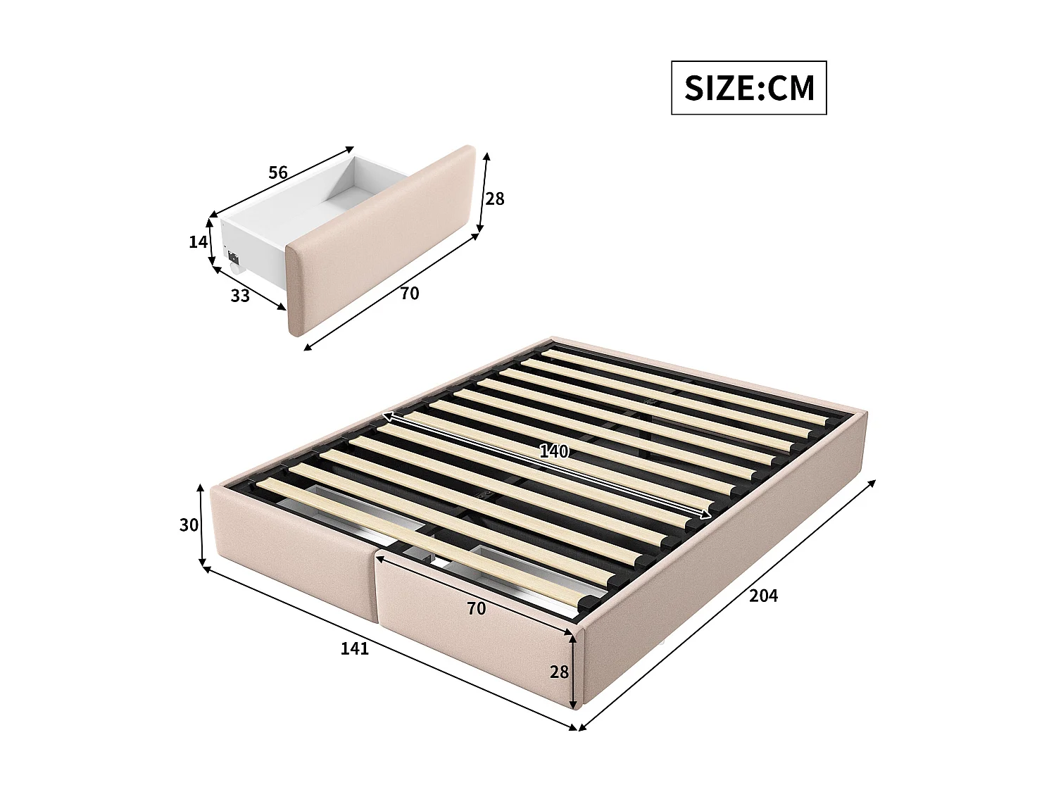Lit plateforme 140 x 200 cm, lit double, avec stockage et 2 tiroirs, avec sommier à lattes,  beige