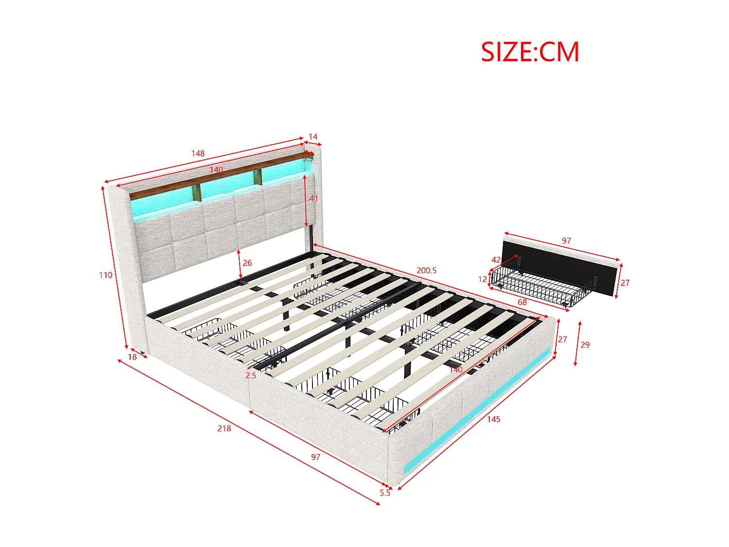 Lit 140x200 cm avec LED et USB, Coffre avec 4 Tiroirs et Grand Rangement, Double avec Lattes, Beige