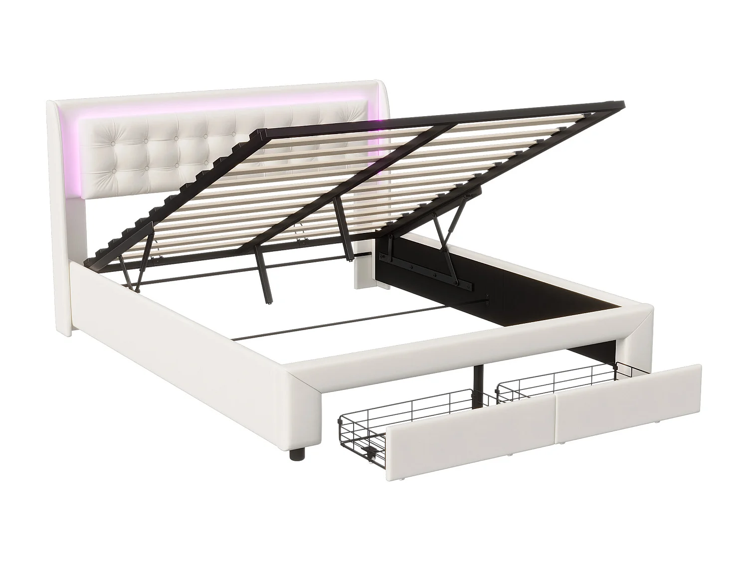 Letto contenitore 160x200 cm con rete a doghe, letto imbottito con contenitore, letto matrimoniale con illuminazione a LED, velluto, beige