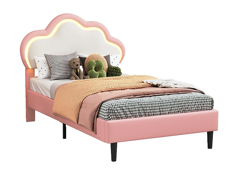 Cama Tapizada 90x200 cm, Cama Individual con LED y Cabecero Ajustable Diseño Nube, PU, Rosa