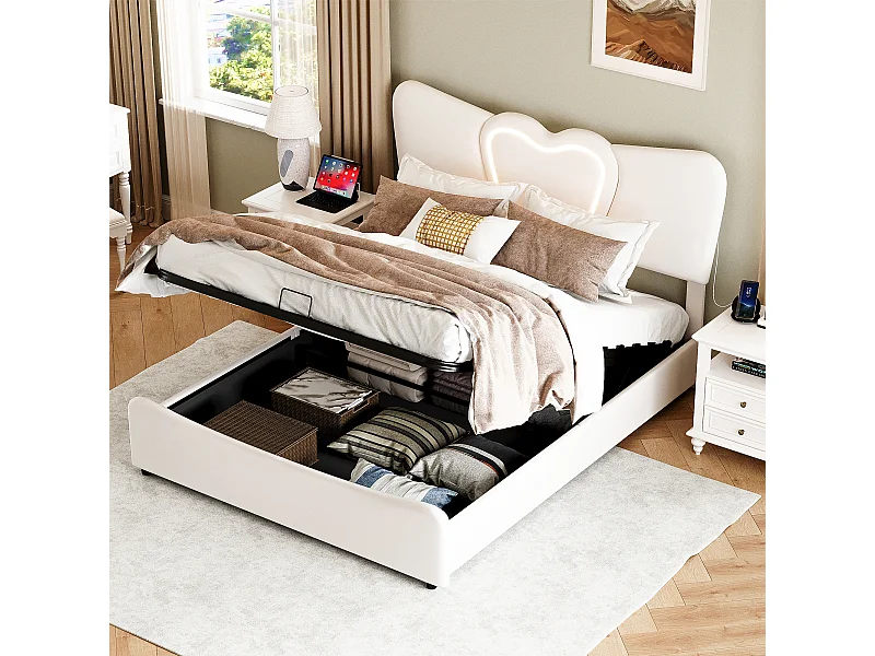 Opbergbed 140x200cm, gestoffeerd bed met LED en USB-aansluiting, lattenbodem en opbergruimte, beige