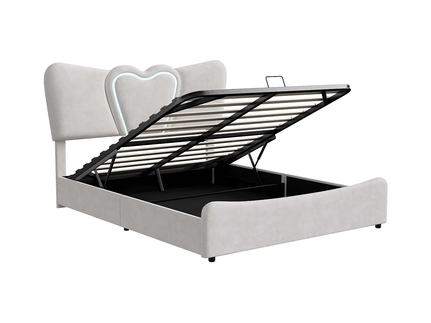 lit Coffre 140x200cm, Lit rembourré avec LED et Port USB, Sommier à Lattes et Rangement, Beige